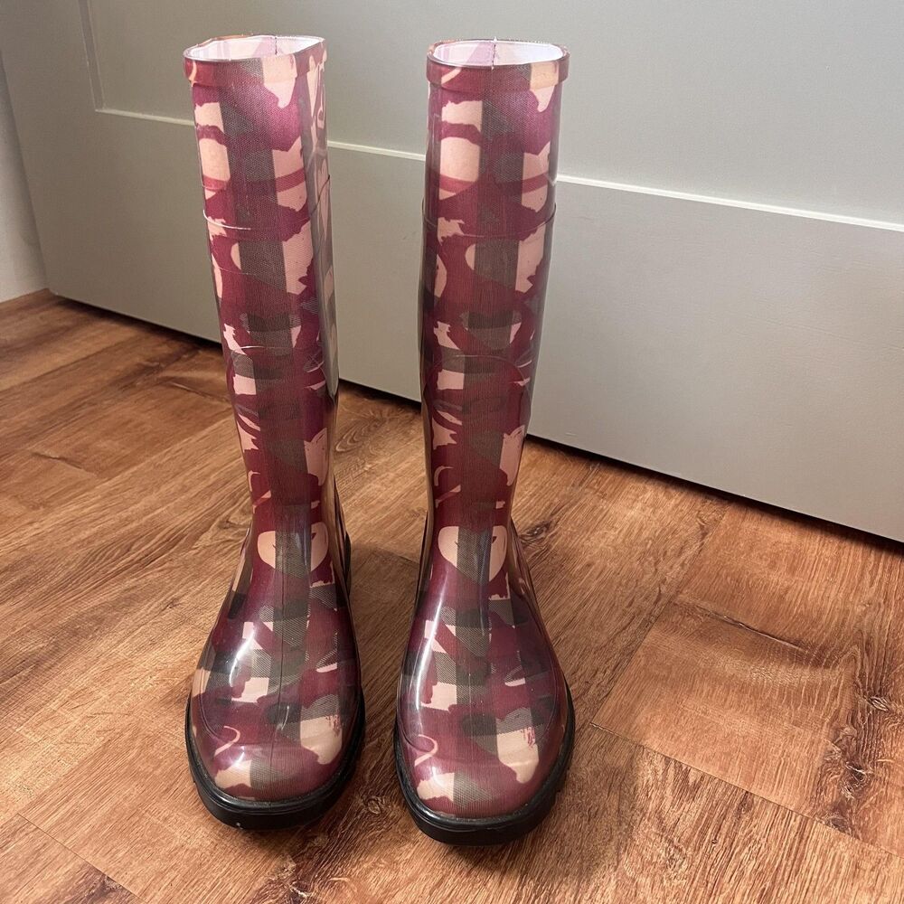 Burberry Rain Boots Women Sz 37 Hearts Pink Italy Waterproof Knee High Shoes - Picture 1 of 16